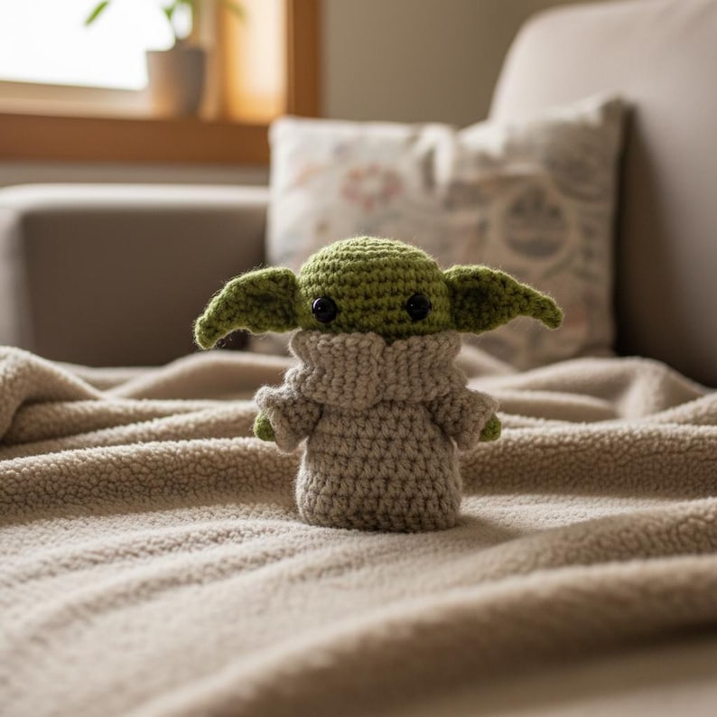 May include: A crocheted figure of a character with large ears, green head, and tan clothing. The figure is sitting on a tan blanket. The figure has black eyes and is a popular character from a science fiction series.