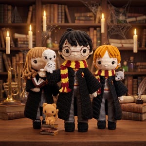 May include: Three crocheted dolls representing young students in black robes with red and yellow scarves. The center doll has dark hair and round glasses. The left doll holds a small white owl and a book, while the right doll has orange hair and a small gray mouse.