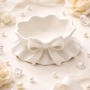 3D Printed Bow Trinket Dish, Jewelry Organizer Bowl, Ring Holder, Cream Matte Finish
