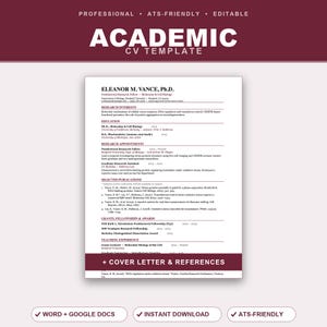 Può includere: Un modello di CV accademico professionale con sezioni per interessi di ricerca, istruzione, incarichi di ricerca, pubblicazioni, borse di studio ed esperienza di insegnamento. Il documento include il testo ACADEMIC CV TEMPLATE e + COVER LETTER & REFERENCES.