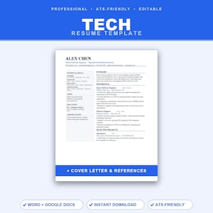 Tech Resume Template with Cover Letter | Word & Google Docs | Software Engineer Developer CV | ATS Friendly | Instant Download
