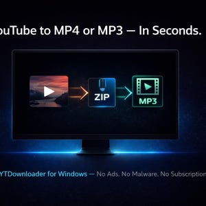 Puede incluir: Un monitor de computadora muestra un diagrama que ilustra la conversión de videos de YouTube a formatos MP4 o MP3. El proceso involucra un icono de video, un icono de archivo ZIP y un icono MP3. El texto en la parte superior dice "YouTube to MP4 or MP3 - In Seconds."