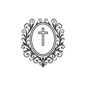 May include: Black and white illustration of a cross inside an oval frame, surrounded by ornate, swirling floral designs. The cross is a simple, outlined shape, and the frame and floral elements are detailed.