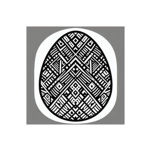 May include: A black and white patterned egg design. The egg is set against a white oval shape, which is set against a gray background. The egg's design features geometric shapes and lines.
