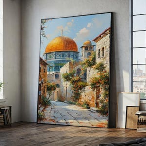 Lienzo de la Mezquita de la Cúpula Dorada, escena histórica de una calle de Jerusalén, arte mural arquitectónico, paisaje urbano de Oriente Medio, lienzo floral para exteriores