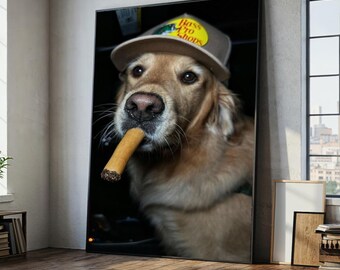 Humorous Golden Retriever Canvas Wall Art, Dog with Bass Pro Shops Cap, Fun Pet Portrait, Animal Decor for Ready To Hang, Framed Wall Art
