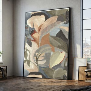 Abstracte botanische canvas muurkunst, aardetinten bladeren schilderij, neutraal bloemendecor, moderne natuur canvas, klaar om op te hangen, ingelijste muurkunst