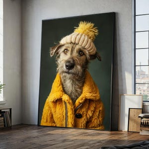 Encantador retrato de perro en lienzo, acogedor cuadro de invierno, lindo perro con chaqueta amarilla, gorro de punto para mascotas en lienzo, listo para colgar, cuadro enmarcado