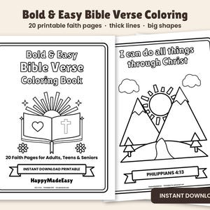 May include: A black and white coloring book titled Bold & Easy Bible Verse Coloring Book with 20 printable faith pages. The cover features an open book with a heart and cross, while the inner page shows mountains, a sun, and the text I can do all things through Christ, Philippians 4:13.