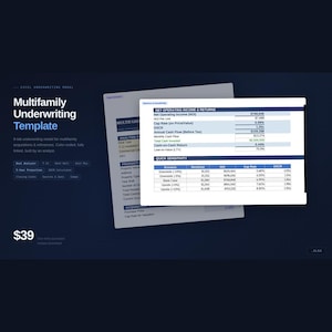May include: A digital template for multifamily underwriting, featuring financial data tables and charts. The document includes sections for analysis, property details, and quick sensitivity analysis. The title "Multifamily Underwriting Template" is displayed prominently.