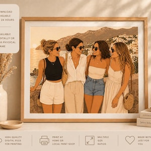 Könnte beinhalten: Ein gerahmter Kunstdruck zeigt vier Frauen mit Sonnenbrillen, die an der Küste lächeln. Das Kunstwerk verwendet eine warme Farbpalette mit einem Berg-Hintergrund. Der Druck ist digital oder in einem Rahmen erhältlich.