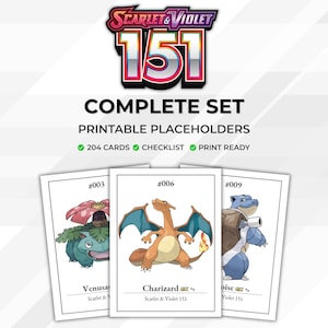 Op de afbeelding: Een complete set afdrukbare tijdelijke aanduidingen voor de Scarlet & Violet 151-kaartcollectie. De afbeelding toont drie kaarten met illustraties van Venusaur, Charizard en Blastoise. De set bevat 204 kaarten, een checklist en is printklaar.