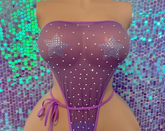 Lila Strass Body | Schiere Mesh Sparkle Outfit | Exotische Tanzbekleidung | Festival Rave Wear | Stripperin Outfit | Clubwear Einteiler