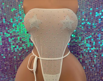 Body blanco con pedrería / Conjunto de malla transparente brillante / Ropa de baile exótica / Ropa para festivales y raves / Conjunto de stripper / Mono de club