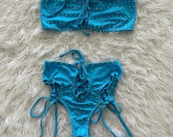 Turquoise Rhinestone l Exotic Dancewear l Stripper Outfit (Size M)