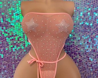Roze bodysuit met strassteentjes | Doorschijnende outfit met glitters | Exotische danskleding | Ravekleding voor festivals | Stripper-outfit | Clubwear-body: