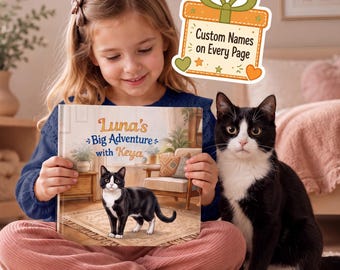 Könnte beinhalten: Ein Kinderbuch mit festem Einband mit dem Titel Luna's Big Adventure with Keya, das auf dem Cover eine Illustration einer schwarz-weißen Tuxedo-Katze zeigt. Ein grafischer Aufkleber über dem Buch trägt den Text Custom Names on Every Page.