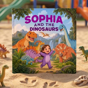 May include: A square hardback book titled Sophia and the Dinosaurs featuring a colourful illustration of a child in a purple dinosaur onesie surrounded by various dinosaurs including a T-Rex, triceratops, and long-necked dinosaur in a jungle.