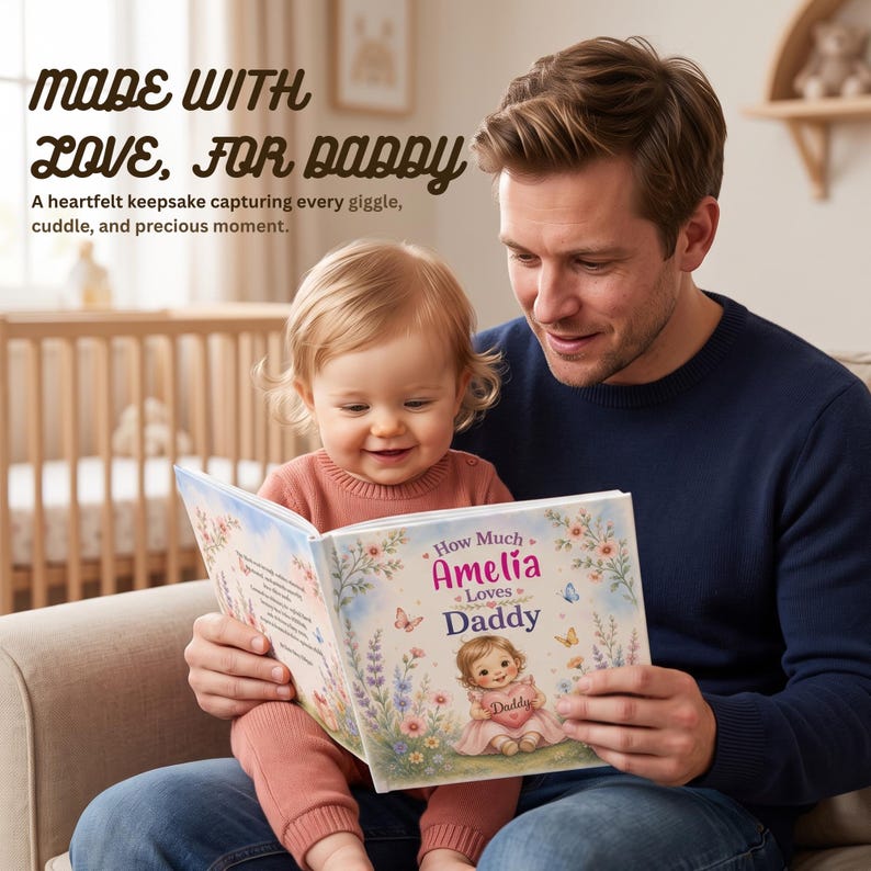 Puede incluir: Un libro de tapa dura titulado How Much Amelia Loves Daddy con ilustraciones florales y un ni&ntilde;o de dibujos animados sosteniendo un coraz&oacute;n. El texto dice: MADE WITH LOVE, FOR DADDY. Un recuerdo sincero de cada momento precioso.