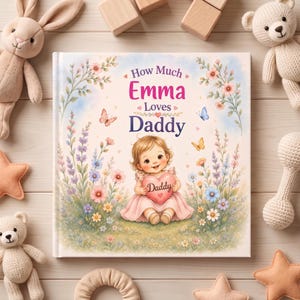 Puede incluir: Un libro cuadrado de tapa dura titulado How Much Emma Loves Daddy, con una ilustraci&oacute;n de un beb&eacute; con vestido rosa sosteniendo un coraz&oacute;n que dice Daddy, rodeado de flores coloridas, mariposas y detalles de cielo azul.