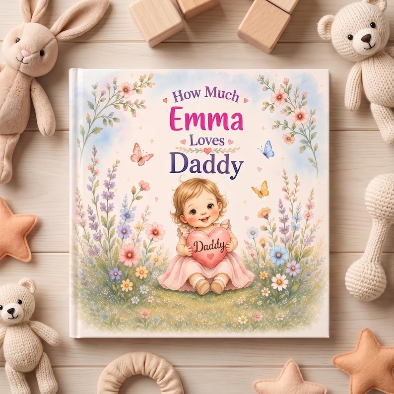 Puede incluir: Un libro cuadrado de tapa dura titulado How Much Emma Loves Daddy, con una ilustraci&oacute;n de un beb&eacute; con vestido rosa sosteniendo un coraz&oacute;n que dice Daddy, rodeado de flores coloridas, mariposas y detalles de cielo azul.