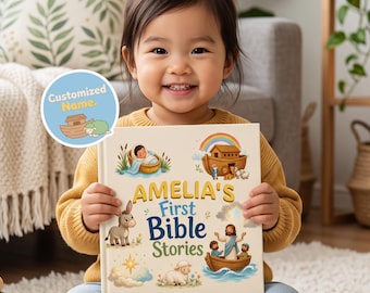 Christian First Bible Book with Name, Personalized Baby Storybook, Baptism Gift for Boy Girl, Christening Dedication Keepsake