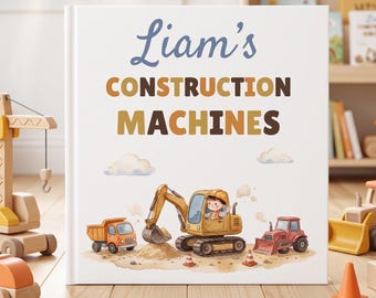 Libro personalizzato per bambini, libro di storie con camion e escavatore e bulldozer con nome personalizzato, regalo di compleanno per bambino o bambina.