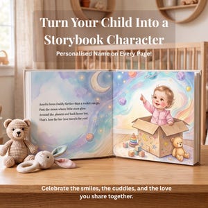 Puede incluir: Un libro de cuentos infantil personalizado abierto en una p&aacute;gina con una ilustraci&oacute;n en acuarela de un beb&eacute; en una caja de cart&oacute;n se&ntilde;alando planetas y estrellas. El texto dice: Amelia loves Daddy farther than a rocket can go, Past the moon where little stars glow, Around the planets and back home too, That's how far her love travels for you!
