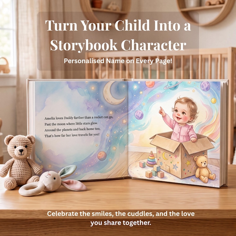 Puede incluir: Un libro de cuentos infantil personalizado abierto en una p&aacute;gina con una ilustraci&oacute;n en acuarela de un beb&eacute; en una caja de cart&oacute;n se&ntilde;alando planetas y estrellas. El texto dice: Amelia loves Daddy farther than a rocket can go, Past the moon where little stars glow, Around the planets and back home too, That's how far her love travels for you!