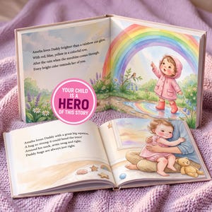Puede incluir: Dos libros de cuentos infantiles abiertos con ilustraciones en acuarela. La p&aacute;gina superior muestra a un ni&ntilde;o con impermeable rosa se&ntilde;alando un arco&iacute;ris. La p&aacute;gina inferior muestra a un ni&ntilde;o abrazando a un padre con un oso de peluche.