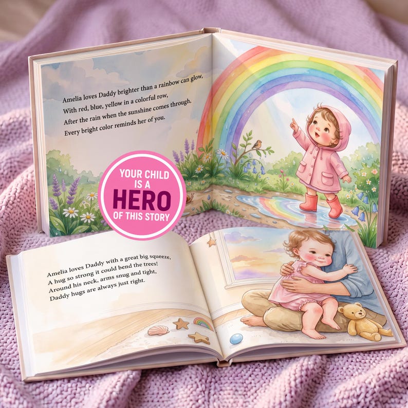 Puede incluir: Dos libros de cuentos infantiles abiertos con ilustraciones en acuarela. La p&aacute;gina superior muestra a un ni&ntilde;o con impermeable rosa se&ntilde;alando un arco&iacute;ris. La p&aacute;gina inferior muestra a un ni&ntilde;o abrazando a un padre con un oso de peluche.
