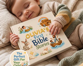 Personalized Bible Book for Kids, First Bible Stories with Name, Christian Baptism Gift, Christening Baby Keepsake, Religious Gift