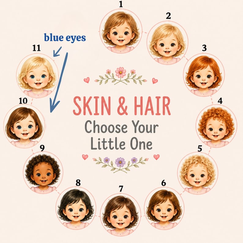 Puede incluir: Un gr&aacute;fico circular titulado SKIN & HAIR Choose Your Little One que presenta once ilustraciones numeradas de ni&ntilde;os con diversos colores de cabello, texturas y tonos de piel. Una flecha apunta al n&uacute;mero 11 con el texto blue eyes.