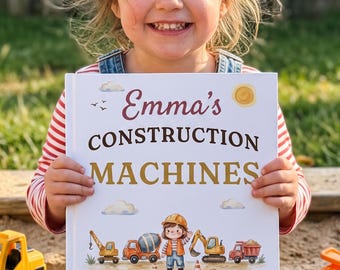 Libro d'avventura personalizzato per bambini, storia di costruzioni con nome personalizzato, libro illustrato con escavatori e bulldozer, regalo della buonanotte per bambini e bambine