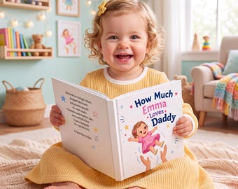 Puede incluir: Un libro infantil de tapa dura titulado How Much Emma Loves Daddy con una cubierta blanca que muestra una ilustración de dibujos animados de un niño levantado por unas manos, rodeado de estrellas y corazones de colores, abierto con texto.