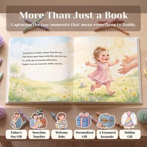 Puede incluir: Un libro infantil abierto con una ilustraci&oacute;n en acuarela de un ni&ntilde;o peque&ntilde;o corriendo hacia unas manos extendidas en un prado soleado. El texto dice: More Than Just a Book, Capturing the tiny moments that mean everything to Daddy.