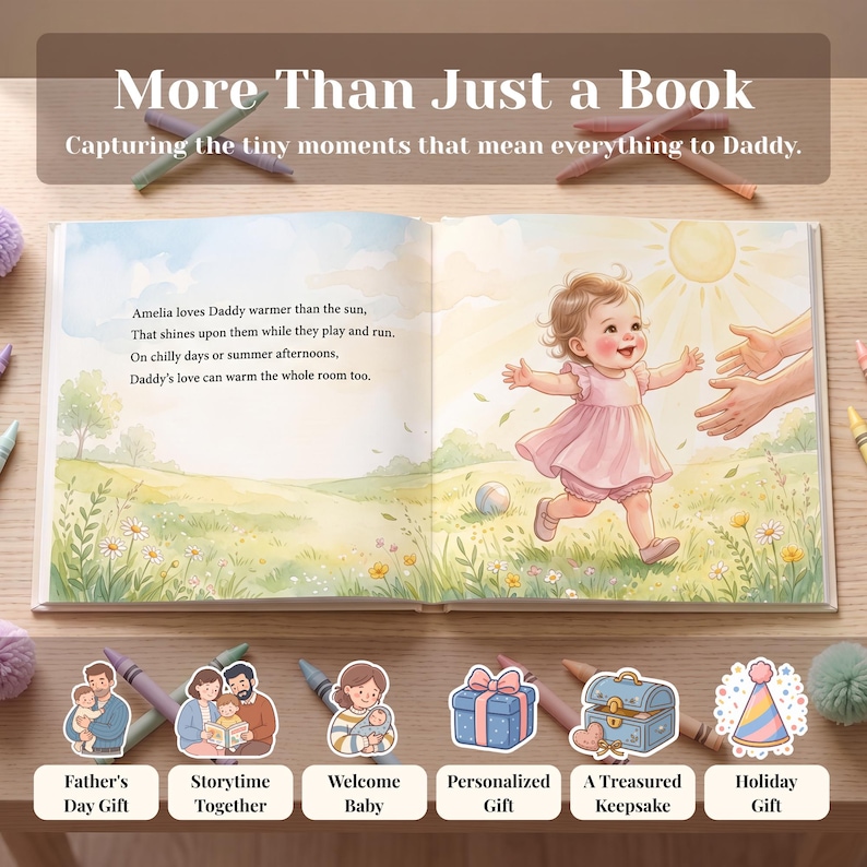 Puede incluir: Un libro infantil abierto con una ilustraci&oacute;n en acuarela de un ni&ntilde;o peque&ntilde;o corriendo hacia unas manos extendidas en un prado soleado. El texto dice: More Than Just a Book, Capturing the tiny moments that mean everything to Daddy.