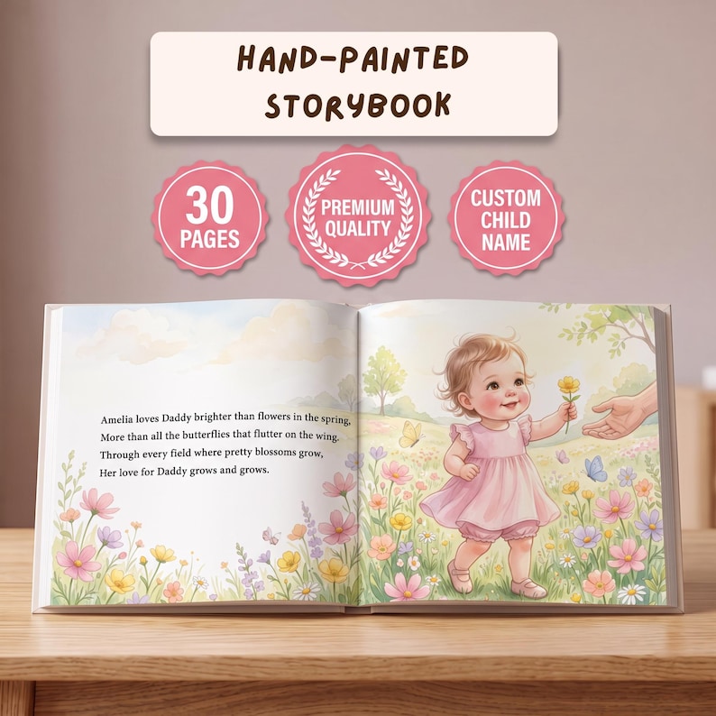 Puede incluir: Un libro de cuentos pintado a mano de 30 p&aacute;ginas, calidad premium y opci&oacute;n de nombre de ni&ntilde;o personalizado. El libro abierto muestra una ilustraci&oacute;n en acuarela de un ni&ntilde;o peque&ntilde;o con vestido rosa en un campo de flores con texto impreso.