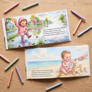 Puede incluir: Dos libros de cuentos infantiles abiertos con ilustraciones en acuarela de un ni&ntilde;o peque&ntilde;o con impermeable rosa saltando en charcos y otro construyendo un castillo de arena en la playa, rodeados de crayones pastel sobre madera clara.