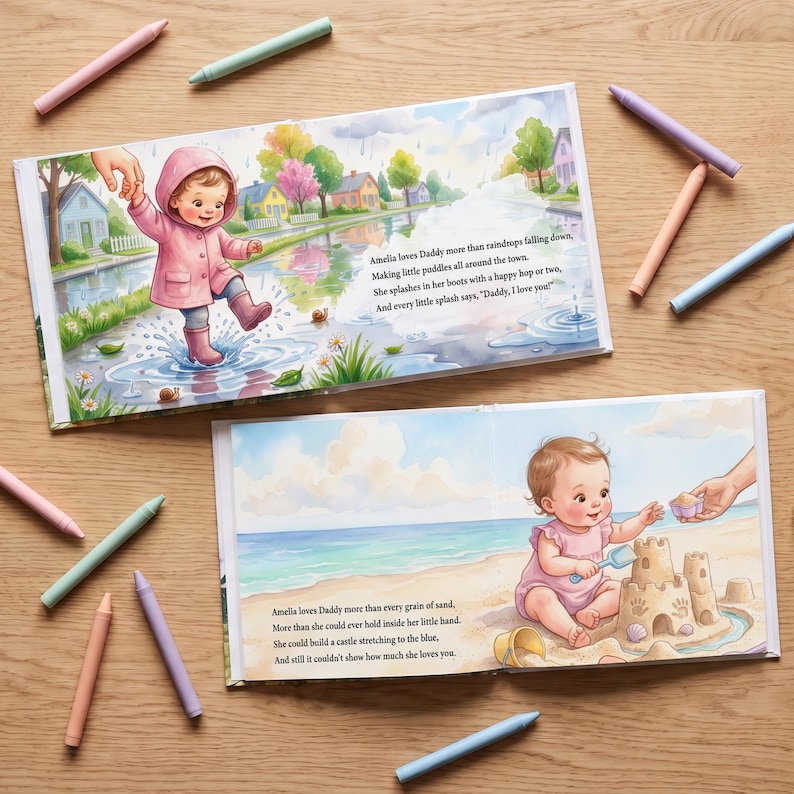 Puede incluir: Dos libros de cuentos infantiles abiertos con ilustraciones en acuarela de un ni&ntilde;o peque&ntilde;o con impermeable rosa saltando en charcos y otro construyendo un castillo de arena en la playa, rodeados de crayones pastel sobre madera clara.