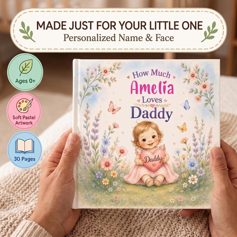 Puede incluir: Un libro de tapa dura cuadrado titulado How Much Amelia Loves Daddy, con una ilustraci&oacute;n en tonos pastel de un beb&eacute; sosteniendo un coj&iacute;n en forma de coraz&oacute;n entre flores y mariposas. La portada incluye texto y detalles florales.