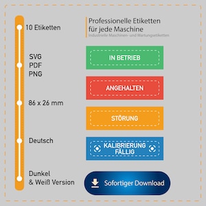Può includere: Grafica con etichette in tedesco, tra cui "IN BETRIEB", "ANGEHALTEN", "STÖRUNG" e "KALIBRIERUNG FÄLLIG". Le etichette sono in verde, rosso, arancione e blu. L'immagine include anche il testo "Sofortiger Download".