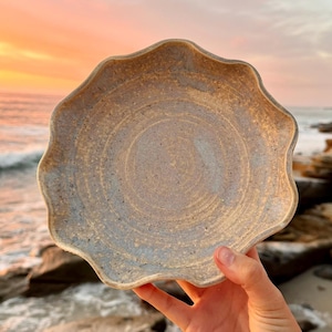 Handmade Ceramic Plate, Sandy Grey Glaze, Wheel Thrown Pottery, Wavy Edge Serving Plate, Artisan Stoneware