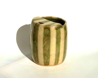 Handmade Ceramic Travel Mug, Neutral and Olive Green Stripes, Wheel Thrown Pottery, Lidded Coffee Mug, Artisan Stoneware Sip Cup