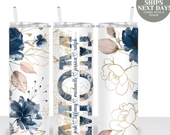 Bicchiere termico personalizzato "Mama Blue Floral", in acciaio inossidabile, con motivo floreale, regalo per la mamma, regalo per la festa della mamma, bicchieri termici "Mama".