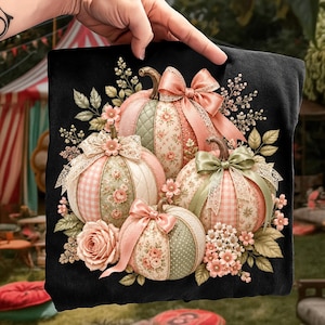 Peach Patchwork Pumpkin PNG, Coquette Fall Bow Design, Vintage Floral Pumpkin Graphic, Cottagecore Autumn Shirt Sublimation Download