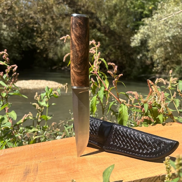 Handmade Puukko Knife, N690 Steel, Walnut Burl Handle, Leather Sheath (Bushcraft Hunting)
