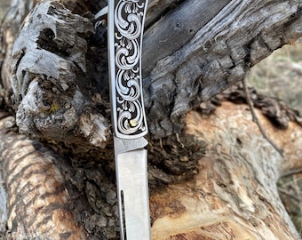 Handgjord specialanpassad fällkniv – Graverad hantverksfickkniv – Barlas Knife Art – 14,5 cm EDC-kniv