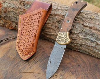 Damast Taschenmesser mit Walnussgriff - Handgefertigtes Taschenmesser, EDC Messer, Geschenk für Männer, Camping Überlebensmesser