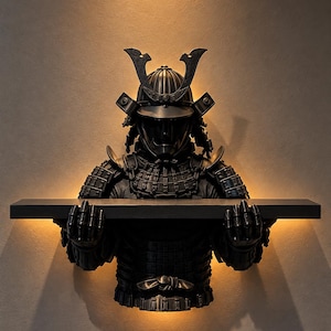 May include: A black wall-mounted shelf featuring a sculpted samurai bust in full armor. The figure holds a horizontal rectangular shelf across its chest, with integrated warm backlighting that illuminates the wall behind the dark armor.